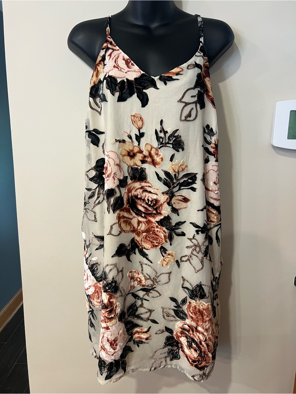 Japna Cream Slip Dress with Rose and Black Velvet Floral
